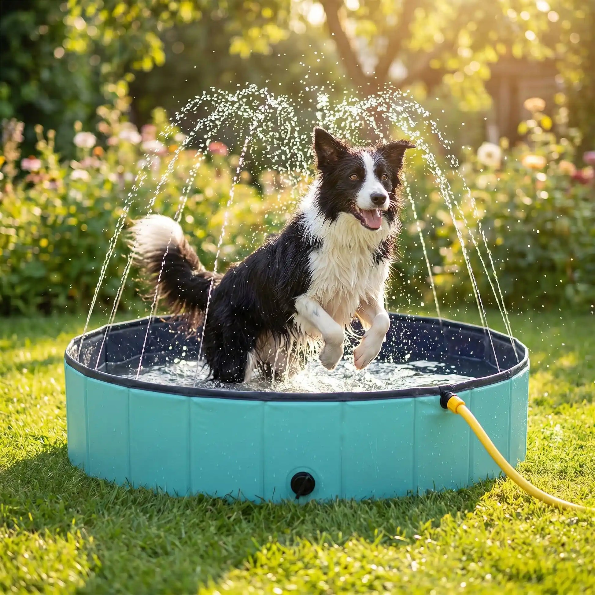Piscine-pour-chien-xxl-chiot-avec- raccord universel au tuyau d'arrosage pour jets d'eau,rigide-vidange rapide et facile,pliable, transportable en panneaux de fibres rigides et naturels avec PVC ultra-résistant avec couche intérieure renforcée pour chien de grande race, fond antidérapant et résistant aux griffes-un chien de grande taille à poils longs et épais qui se baigne et essaye d'attraper avec sa machoires les jet dans la grande piscine pour chien rigide dans le jardin de la maison en été