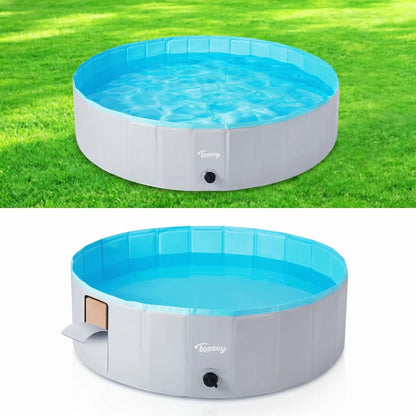 Piscine-pour-chien-xxl-chiot-rigide-bouchon-vidange rapide et facile,pliable et transportable en panneaux de fibres rigides et naturels avec PVC ultra-résistant avec couche intérieure renforcée de diamètre 160 cm pour chien de grande race, fond antidérapant et résistant aux griffes-gros plan sur la piscine grise et bleu rigide pour chien  remplie d'eau avec une des parois ouverte pour voir les panneaux et l'épaisseur du PVC renforcé en taille xxl pour chiot et chien de grande taille