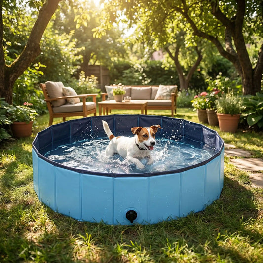 Piscine-pour-chiens-rigide en panneaux MDF robuste anti-affaissement, PVC sans produits toxiques , pliable et lavable de diamètre de 100 cm et de 30 cm de hauteur étudié pour une entrée et sortie facile et sécurisé pour les chiens de taille moyenne, avec bouchon de vidange pratique et rapide, polyvalente piscine à balle, bassin, baignoire pour toilettage-un petit chien qui saute et se baigne avec bonheur dans la piscine remplie d'eau sur la pelouse du jardin de la maison en été