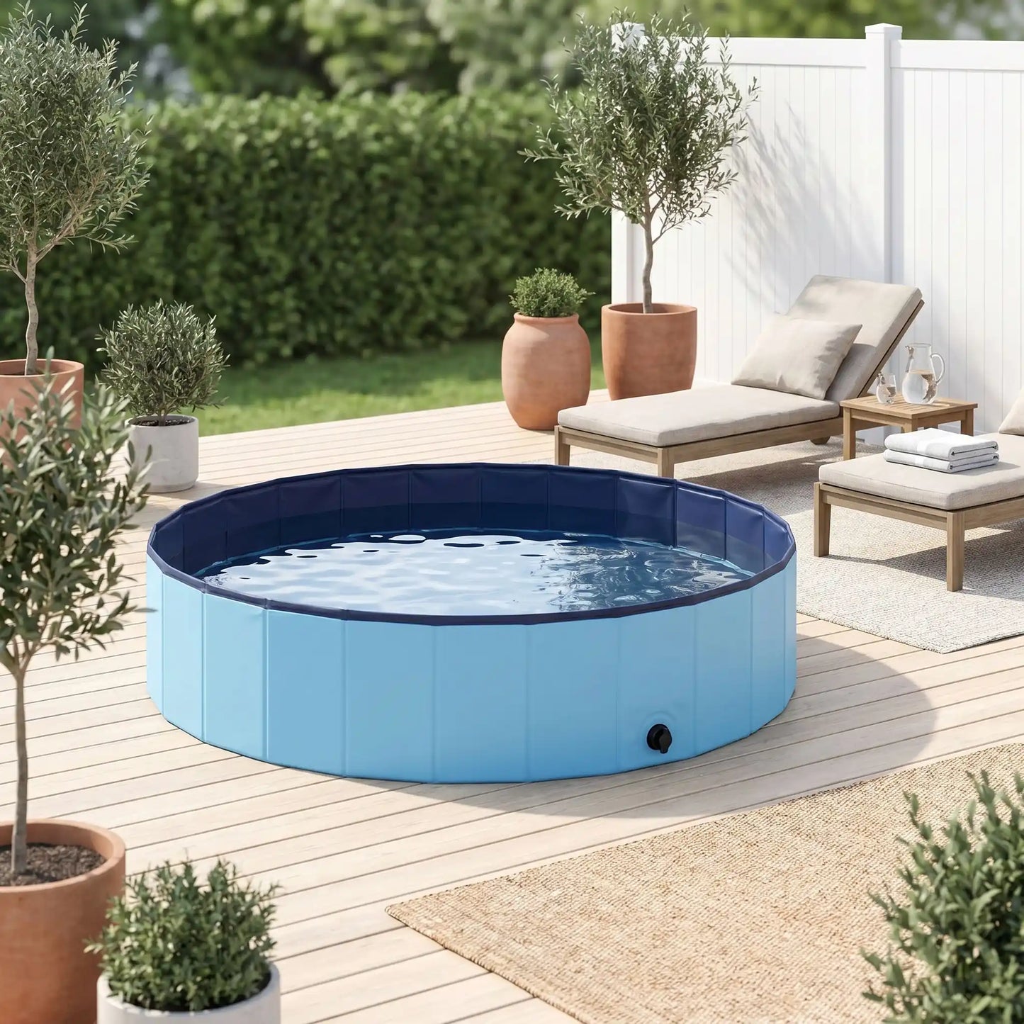 Piscine-pour-chiens-rigide en panneaux MDF robuste anti-affaissement, PVC sans produits toxiques , pliable et lavable de diamètre de 100 cm et de 30 cm de hauteur étudié pour une entrée et sortie facile et sécurisé pour les chiens de taille moyenne, avec bouchon de vidange pratique et rapide, polyvalente piscine à balle, bassin, baignoire pour toilettage-gros plan sur la piscine remplie d'eau pour chien de petite à moyenne taille sur la terrasse de la maison en été