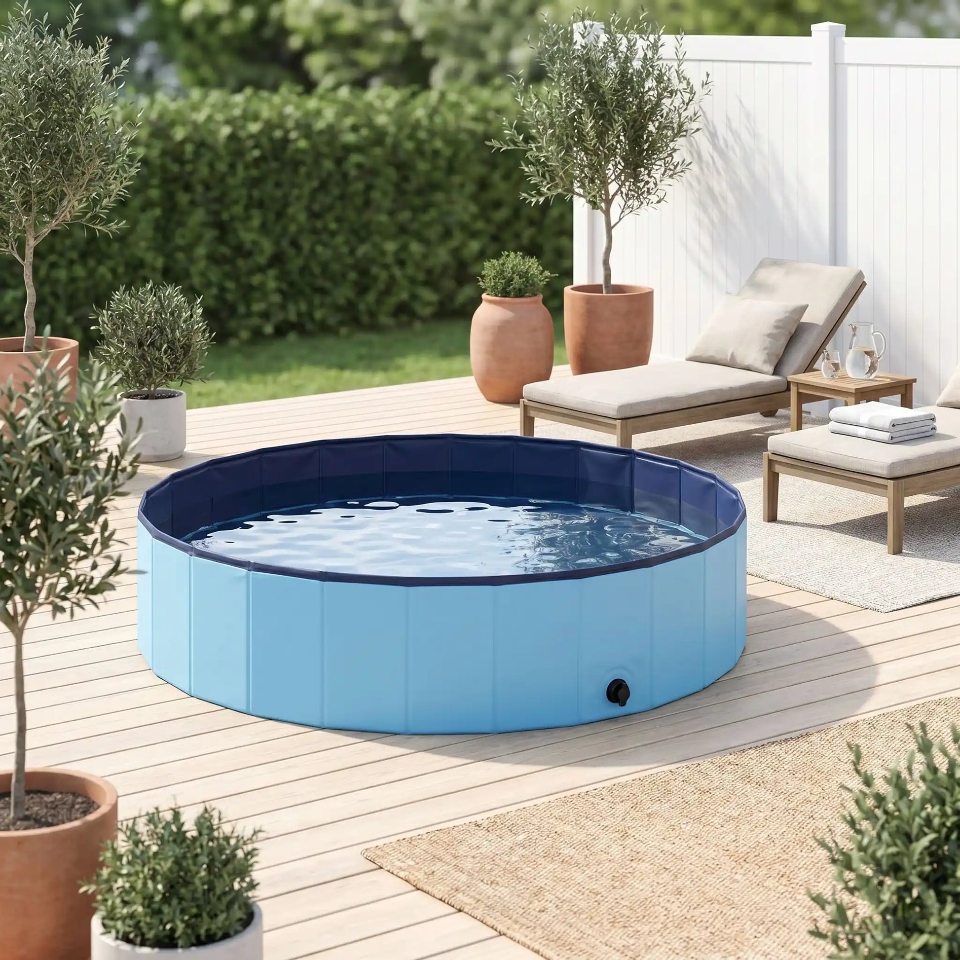 Piscine-pour-chiens-rigide en panneaux MDF robuste anti-affaissement, PVC sans produits toxiques , pliable et lavable de diamètre de 100 cm et de 30 cm de hauteur étudié pour une entrée et sortie facile et sécurisé pour les chiens de taille moyenne, avec bouchon de vidange pratique et rapide, polyvalente piscine à balle, bassin, baignoire pour toilettage-gros plan sur la piscine remplie d'eau pour chien de petite à moyenne taille sur la terrasse de la maison en été