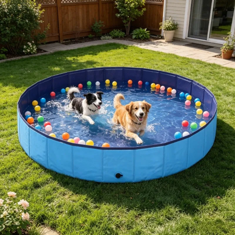 Piscine-pour-grand-chien-rigide-xxl, panneaux MDF robuste anti-affaissement, pliable et lavable de diamètre 200 cm et de 30 cm de hauteur étudiée pour une entrée et sortie facile et sécurisé pour le chien avec bouchon de vidange pratique et rapide, polyvalente piscine à balle, bassin, baignoire pour toilettage-deux chien de taille moyenne qui se rafraichissent ensemble, jouent et se baignent avec bonheur pour supporter la chaleur dans sa grande piscine robuste dans le jardin de la maison en été