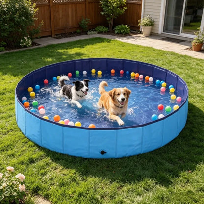 Piscine-pour-grand-chien-rigide-xxl, panneaux MDF robuste anti-affaissement, pliable et lavable de diamètre 200 cm et de 30 cm de hauteur étudiée pour une entrée et sortie facile et sécurisé pour le chien avec bouchon de vidange pratique et rapide, polyvalente piscine à balle, bassin, baignoire pour toilettage-deux chien de taille moyenne qui se rafraichissent ensemble, jouent et se baignent avec bonheur pour supporter la chaleur dans sa grande piscine robuste dans le jardin de la maison en été