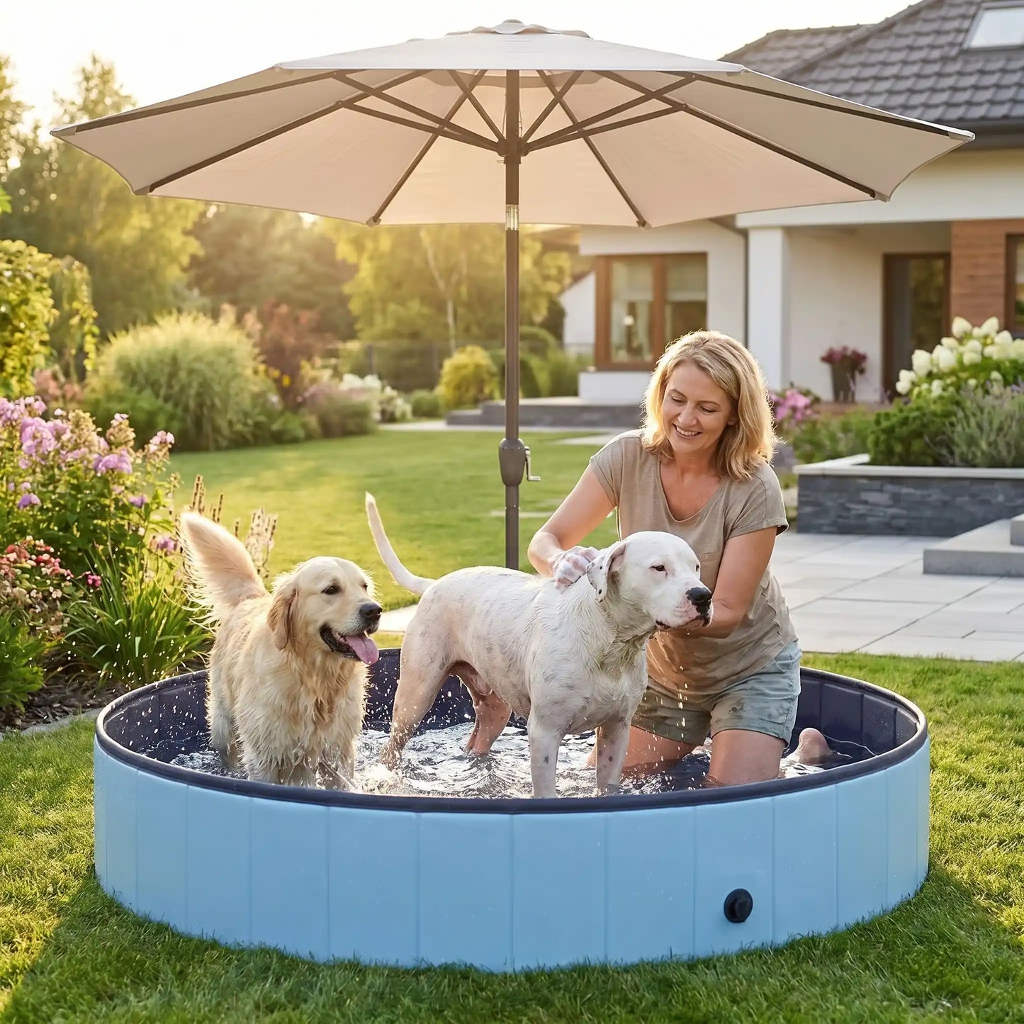Piscine-pour-gros-chien-rigide-xxl, panneaux MDF robuste anti-affaissement, pliable et lavable de diamètre 160 cm et de 30 cm de hauteur étudié pour une entrée et sortie facile et sécurisé pour le chien avec bouchon de vidange pratique et rapide, polyvalente piscine à balle, bassin, baignoire pour toilettage-deux grands chien qui trempent leur pattes dans la piscine avec leur maitresse qui les toilettent en les frictionnant avec le shampoing dans le jardin de la maison sous le parasol en eté 