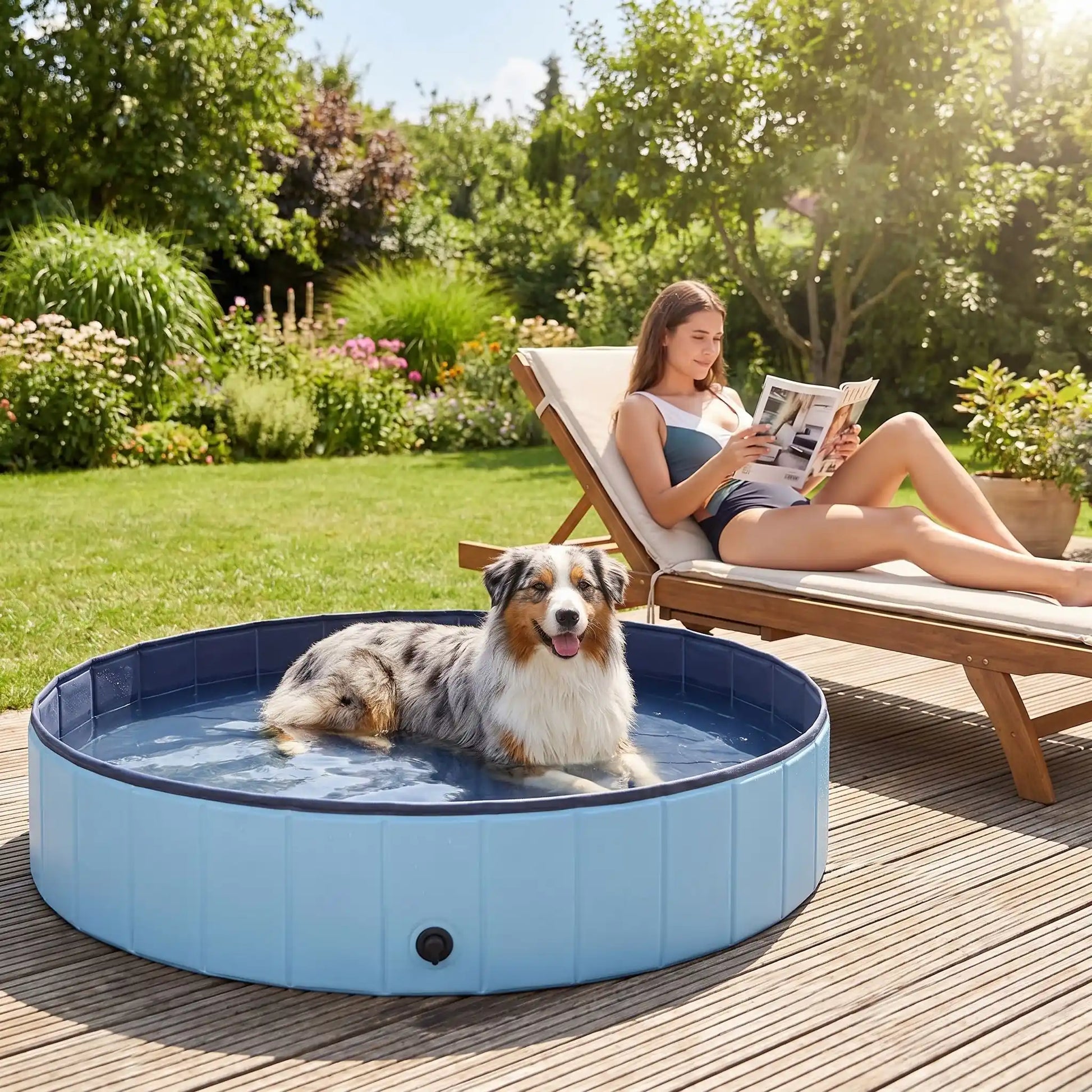 Piscine-pour-gros-chien-rigide-xxl, panneaux MDF robuste anti-affaissement, pliable et lavable de diamètre 160 cm et de 30 cm de hauteur étudié pour une entrée et sortie facile et sécurisé pour le chien avec bouchon de vidange pratique et rapide, polyvalente piscine à balle, bassin, baignoire pour toilettage-un Berger australien couché  confortablement au frais dans l'eau de la grande piscine robuste pour chien de couleur bleu sur la terrasse du jardin à côté de sa maitresse sur un transat en eté