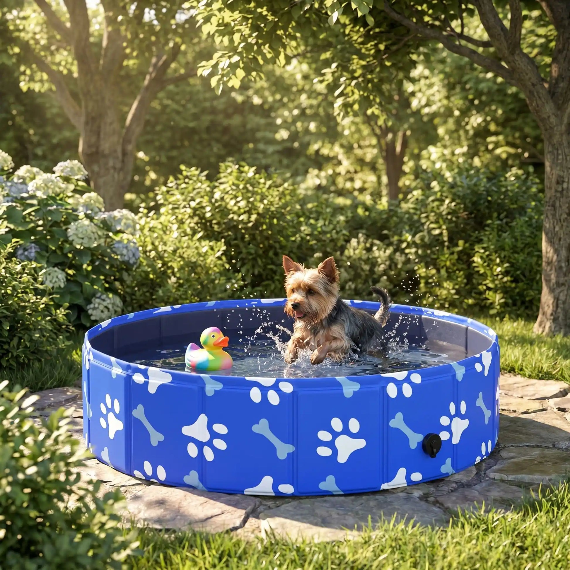 Piscine-rigide-pour-chien-rigide en panneaux MDF robuste anti-affaissement, pliable et lavable de diamètre 80 cm et de 20 cm de hauteur étudié pour une entrée et sortie facile et sécurisé pour le chien avec bouchon de vidange pratique et rapide, polyvalente piscine à balle, bassin, baignoire pour toilettage-un yorkshire qui jouent avec son jouet dans la piscine rafraichissante dans le jardin de la maison en été