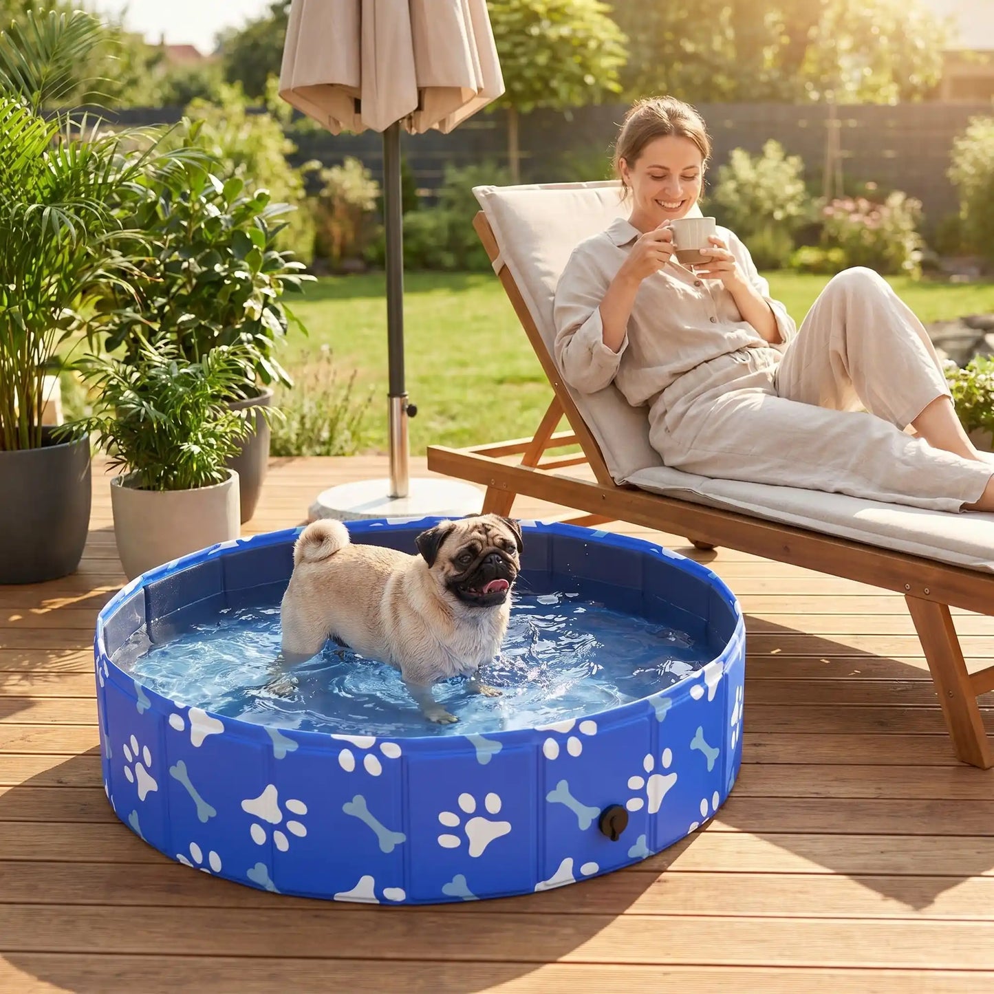 Piscine-rigide-pour-chien-rigide en panneaux MDF robuste anti-affaissement, pliable et lavable de diamètre 80 cm et de 20 cm de hauteur étudié pour une entrée et sortie facile et sécurisé pour le chien avec bouchon de vidange pratique et rapide, polyvalente piscine à balle, bassin, baignoire pour toilettage-un petit chien qui se baigne et se rafraichit avec bonheur sous le regard souriant de sa maitresse qui boit son café sur le transat du jardin de la maison en été