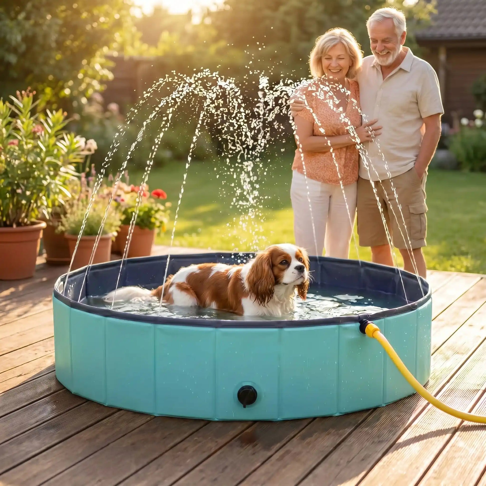 Piscine-rigide-pour-chien-chiot-avec- raccord universel au tuyau d'arrosage pour jets d'eau,rigide-vidange rapide et facile,pliable, transportable en panneaux de fibres rigides et naturels avec PVC ultra-résistant avec couche intérieure renforcée pour chien, fond antidérapant et résistant aux griffes-un chien de taille moyenne à poils épais  qui se baigne paisiblement dans sa piscine avec les jets d'eau fins actionnées à côté de ses maitres qui le regardent tendrement sur la terrasse de la maison en été