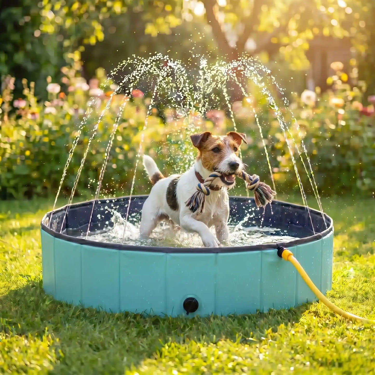 Piscine-rigide-pour-chien-chiot-avec- raccord universel au tuyau d'arrosage pour jets d'eau,rigide-vidange rapide et facile,pliable, transportable en panneaux de fibres rigides et naturels avec PVC ultra-résistant avec couche intérieure renforcée pour chien, fond antidérapant et résistant aux griffes-un Fox Terrier qui saute tout heureux avec on jouet en corde dans sa machoire dans sa piscine arrosée par les jets d'eau  dans le jardin de la maison en été