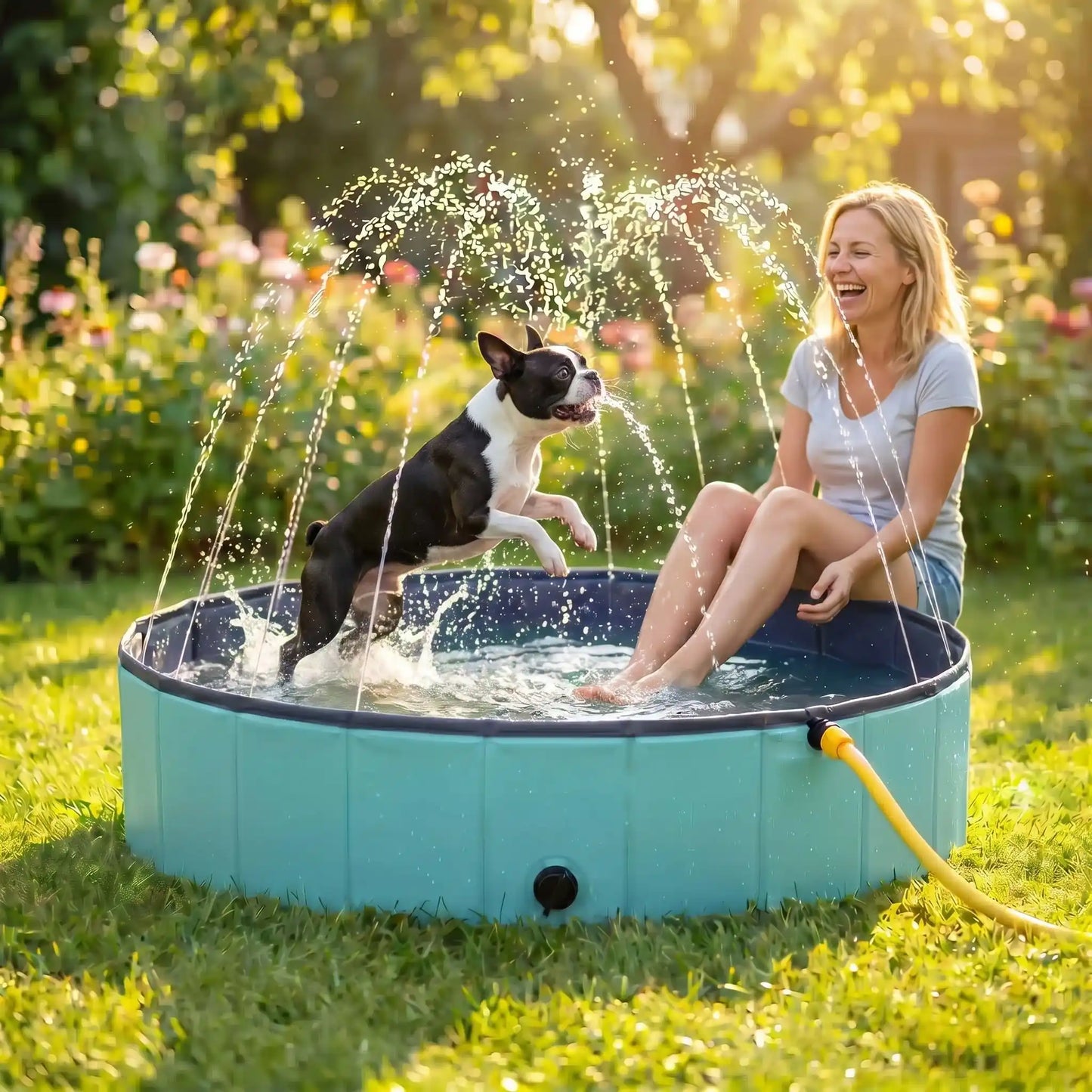 Piscine-rigide-pour-chien-chiot-avec- raccord universel au tuyau d'arrosage pour jets d'eau,rigide-vidange rapide et facile,pliable, transportable en panneaux de fibres rigides et naturels avec PVC ultra-résistant avec couche intérieure renforcée pour chien, fond antidérapant et résistant aux griffes-un bouledogue français qui saute tout heureux pour attraper les jets d'eau  dans la piscine sous les rires de sa maitresse qui y trempe ses pieds dans le jardin de la maison en été