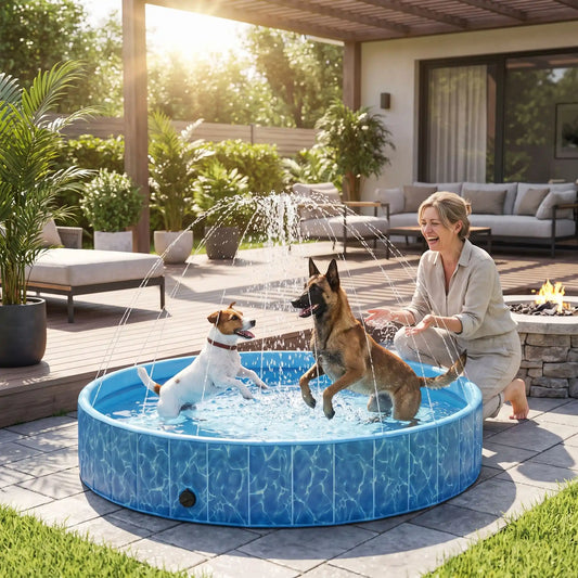 Piscine-rigide pour grand chien-xxl avec raccord universel au tuyau d'arrosage pour jets d'eau,rigide-vidange rapide et facile,pliable, transportable en panneaux de fibres rigides et naturels avec PVC ultra-résistant avec couche intérieure renforcée pour chien de grande race, fond antidérapant et résistant aux griffes-un chien de grande race et un petit chien qui jouent dans la grande piscine pour chien rigide avec les jets actionnés sous le regard amusé de leur maitresse sur la terrasse du jardin en été