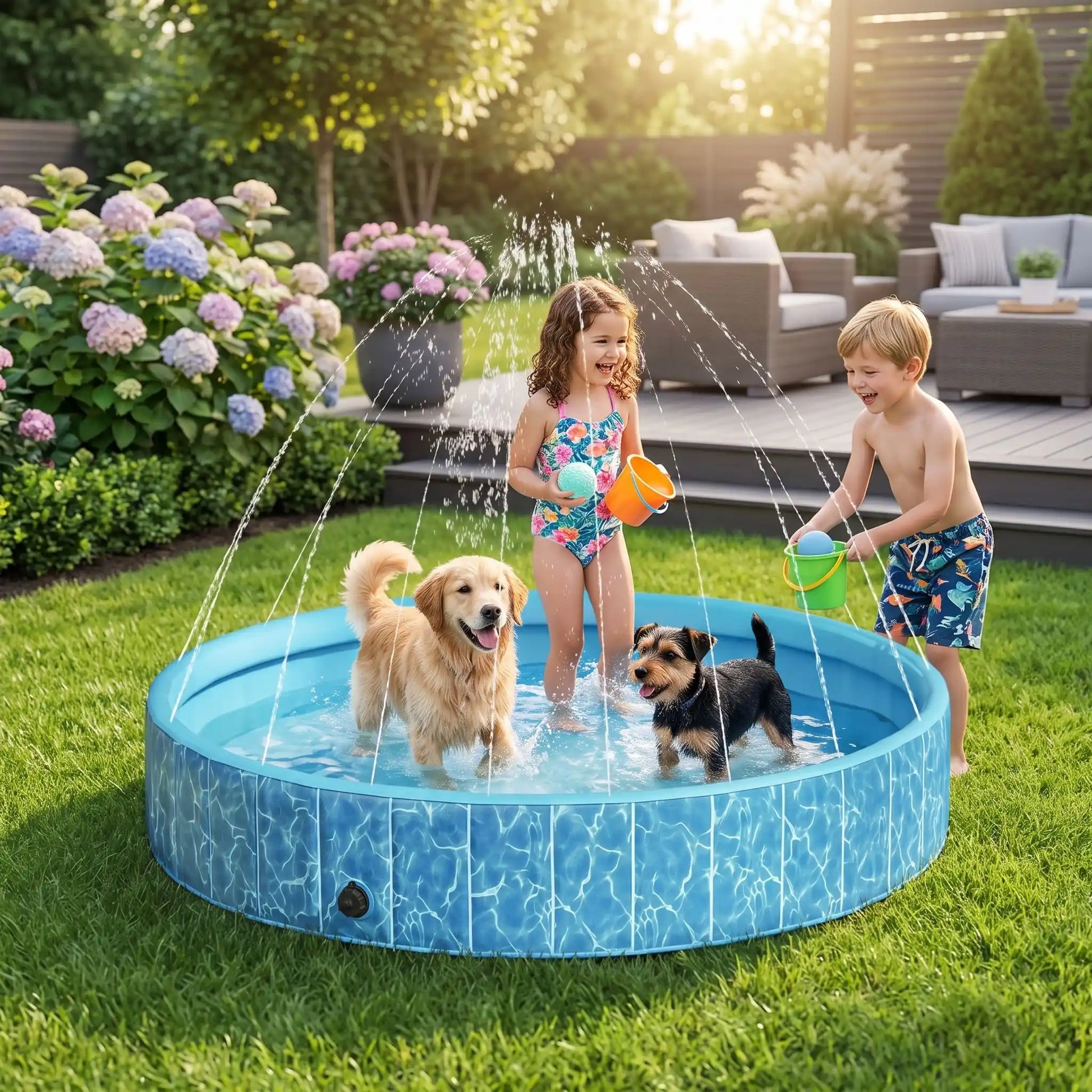 Piscine-rigide pour grand chien-xxl avec raccord universel au tuyau d'arrosage pour jets d'eau,rigide-vidange rapide et facile,pliable, transportable en panneaux de fibres rigides et naturels avec PVC ultra-résistant avec couche intérieure renforcée pour chien de grande race, fond antidérapant et résistant aux griffes-un chiot golden et Yorkshire, avec deux enfanst qui jouent dans la grande piscine pour chien rigide avec les jets actionnés dans le jardin en été de la maison