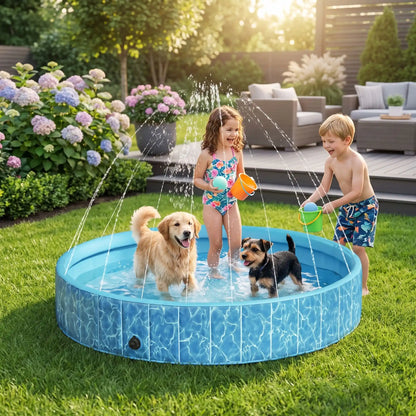 Piscine-rigide pour grand chien-xxl avec raccord universel au tuyau d'arrosage pour jets d'eau,rigide-vidange rapide et facile,pliable, transportable en panneaux de fibres rigides et naturels avec PVC ultra-résistant avec couche intérieure renforcée pour chien de grande race, fond antidérapant et résistant aux griffes-un chiot golden et Yorkshire, avec deux enfanst qui jouent dans la grande piscine pour chien rigide avec les jets actionnés dans le jardin en été de la maison
