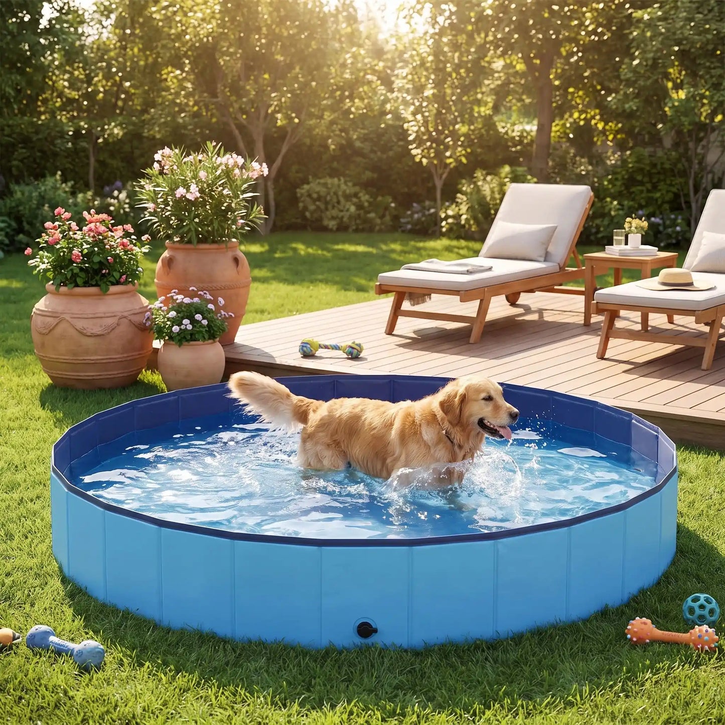 Piscine-pour-grand-chien-rigide-xxl, panneaux MDF robuste anti-affaissement, pliable et lavable de diamètre 200 cm et de 30 cm de hauteur étudiée pour une entrée et sortie facile et sécurisé pour le chien avec bouchon de vidange pratique et rapide, polyvalente piscine à balle, bassin, baignoire pour toilettage-un chien de grande taille qui se rafraichit , joue et se baigne avec bonheur pour supporter la chaleur dans sa grande piscine robuste dans le jardin de la maison en été