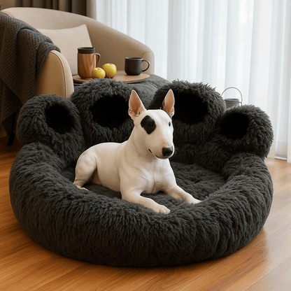 Pouf-pour-chien-apaisant-noir-un chien moyen couché au chaud dans son lit apaisant et anti-anxiété pour chien de petite à moyenne taille antidérapant et lavable en machine dans le salon design de l'appartement