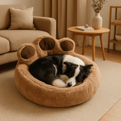 Pouf-pour-chien-avec-rebord-déhoussable-rond et lavable en machine-un Border collie qui dort en boule dans le pouf doux, chaud et respirant 100% coton et peluche en forme de pattes dans le salon de l'appartement