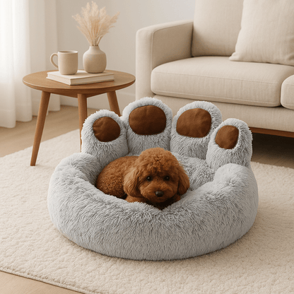 Pouf-pour-chien-coussin-lavable-un petit chien couché dans son sofa rond avec dossier en forme de patte d'animal en peluche et rembourrage 100% coton haute densité antidérapant lavable en machine