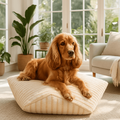 Pouf-pour-chien-déhoussable-velours-rembourrage généreux en coton-déhoussable et lavable en machine-chaud-douillet et résistant aux griffes et morsures-design moderne géométrique polygonale-rayure graphique-antidérapant et imperméable pour chiot et chien de petite à moyenne taille de 0 à 15 kg-un chien de taille moyenne couché confortablement dans son pouf moelleux dans la véranda de la maison 