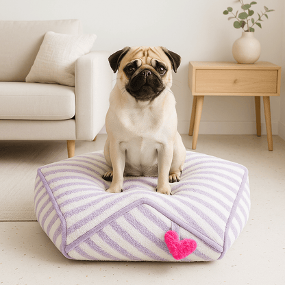 Pouf-pour-chien-chiot-design hexagonal moderne-doux-PU épais et rembourré sans produits toxique-résistant aux griffes et morsure-antidérapant et imperméable-lavable en machine-compact et léger avec sa poignée de transport-pour chien de petite taille de 0 à 5 kg-un petit chien assis confortablement sur son pouf design à rayure mauve et blanc et sa poignée de transport rose dans le salon de l'appartement