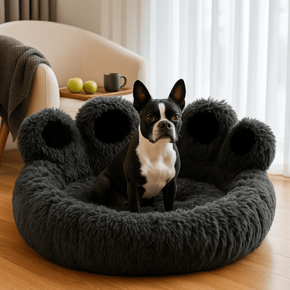 Pouf-pour-chien-fauteuil-noir-un petit chien assis dans son coussin en forme de fauteuil en peluche au rembourrage 100% haute densité pour chien de petite à moyenne taille en forme de patte d'animal dans le salon de la maison