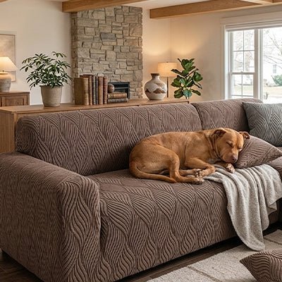 Protection-canape-antiderapant-4-saisons, extensible, lavabkle en machine avec relief doux et sécurisant , tissu anti poils et résistant aux griffes, idéal pour les propriétaire de chiens, 4 tailles disponible du fauteuil 1 places au XL pour canapé 4 places-un chien de taille moyenne qui dort paisiblement sur le canapé protégé par la housse antidérapante et universelle de couleur marron dans le salon de la maison