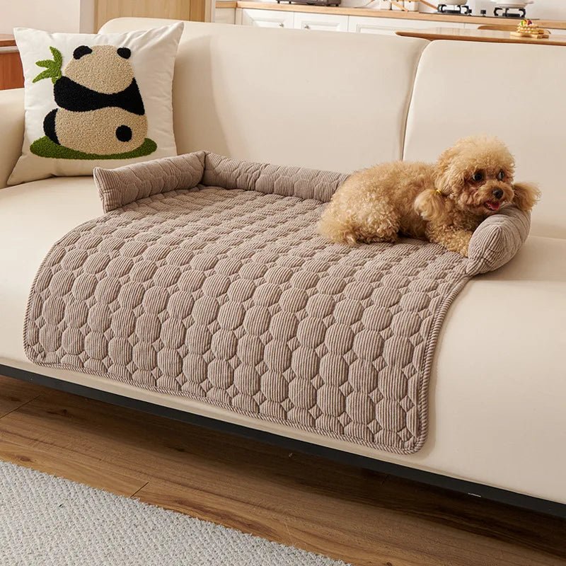 Protection-canapé-chien-antidérapant-avec-rebord en forme de traversin en U au rembourrage 100% coton haute densité et hypoallergénique-lavable en machine qui ne retient pas les poils, imperméable et respirant en velours cristal ultra doux-un petit chien couché confortablement sur le protège canapé de couleur marron sur le canapé du salon de la maison