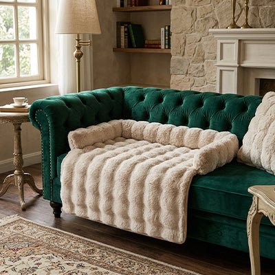 Protection-canape-chien-lit-antiderapant avec traversin entourant sur 3 côté, en fausse fourrure rembourrage 100% coton haute densité, polyvalent pour le sol, canapé, protège lit, portège siège voiture, tapis de cage, pliable, léger et portable pour petit à chien moyenne taille-dimensions 75x75 cm-gros plan sur le protège canapé pour chien en fausse fourrure douce de couleur marron sur le canapé en cuir vert capitonné dans le salon de l'appartement