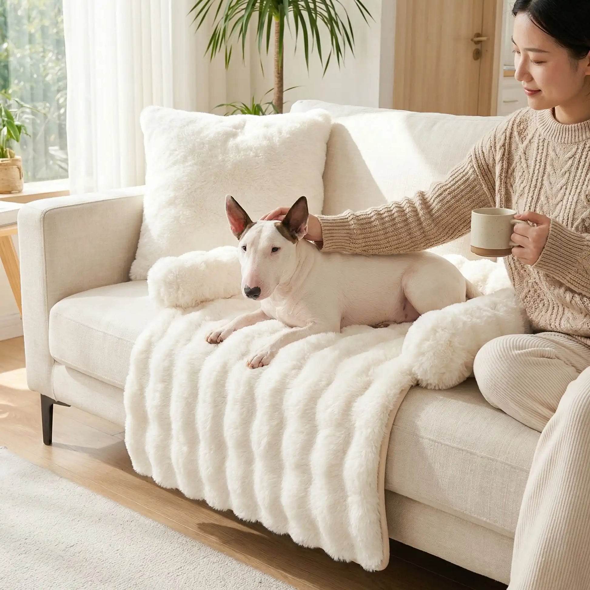 Protection-canape-chien-lit-antiderapant avec traversin entourant sur 3 côté, en fausse fourrure rembourrage 100% coton haute densité, polyvalent pour le sol, canapé, protège lit, portège siège voitre, tapis de cage, pliable, léger et portable pour petit à chien lmoyenne taille-dimensions 75x75 cm-un chien moyen couché sur le protège canapé en peluche ultra-douce et hypoallergénique, se faisant caresser par sa maitresse assise à côté de lui sur le canapé en buvant son thé dans le salon de l'appartement
