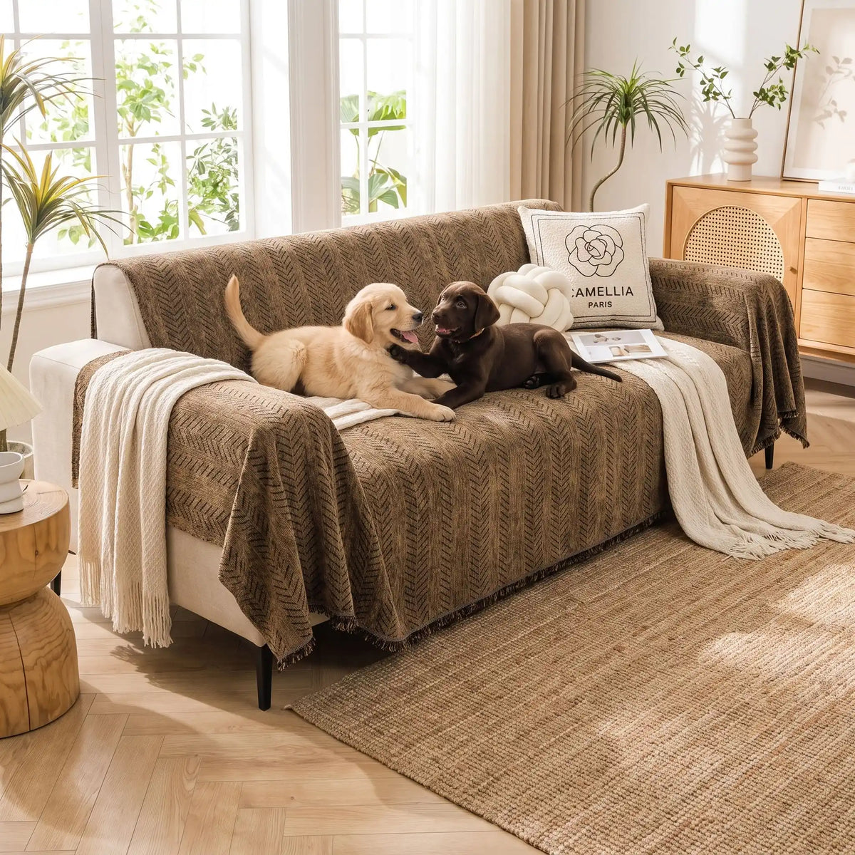 Protection-canape-chien--anti-poils-résistante aux griffes, tissage chenille coton et polyester, écoresponsable avec franges pour un style bohème chic de couleur marron, disponible en 4 tailles pour fauteuil/canapé une place, 2/3 ou 4 places -deux chiots qui jouent joyeusement sur le canapé du salon protéger par le plaid résistant et doux au design bohême avec chevrons décoratifs , couleur marron
