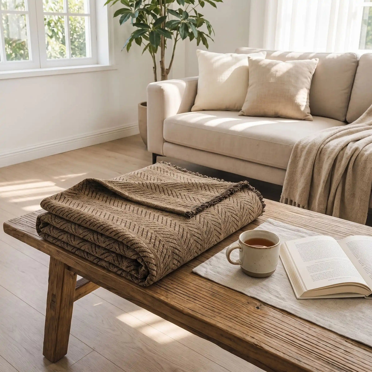 Protection-canape-chien--anti-poils-résistante aux griffes, tissage chenille coton et polyester, écoresponsable avec franges pour un style bohème chic de couleur marron, disponible en 4 tailles pour fauteuil/canapé une place, deux places, 3 places et 4 places, lavable en machine, doux respirant confortable et 4 saisons-gros plan sur le plaid de protection plié disponible en 4 tailles pour s'adapter à tous mobilier, literie, légère, transportable, idéal pour les déplacement et protéger les sièges voiture 
