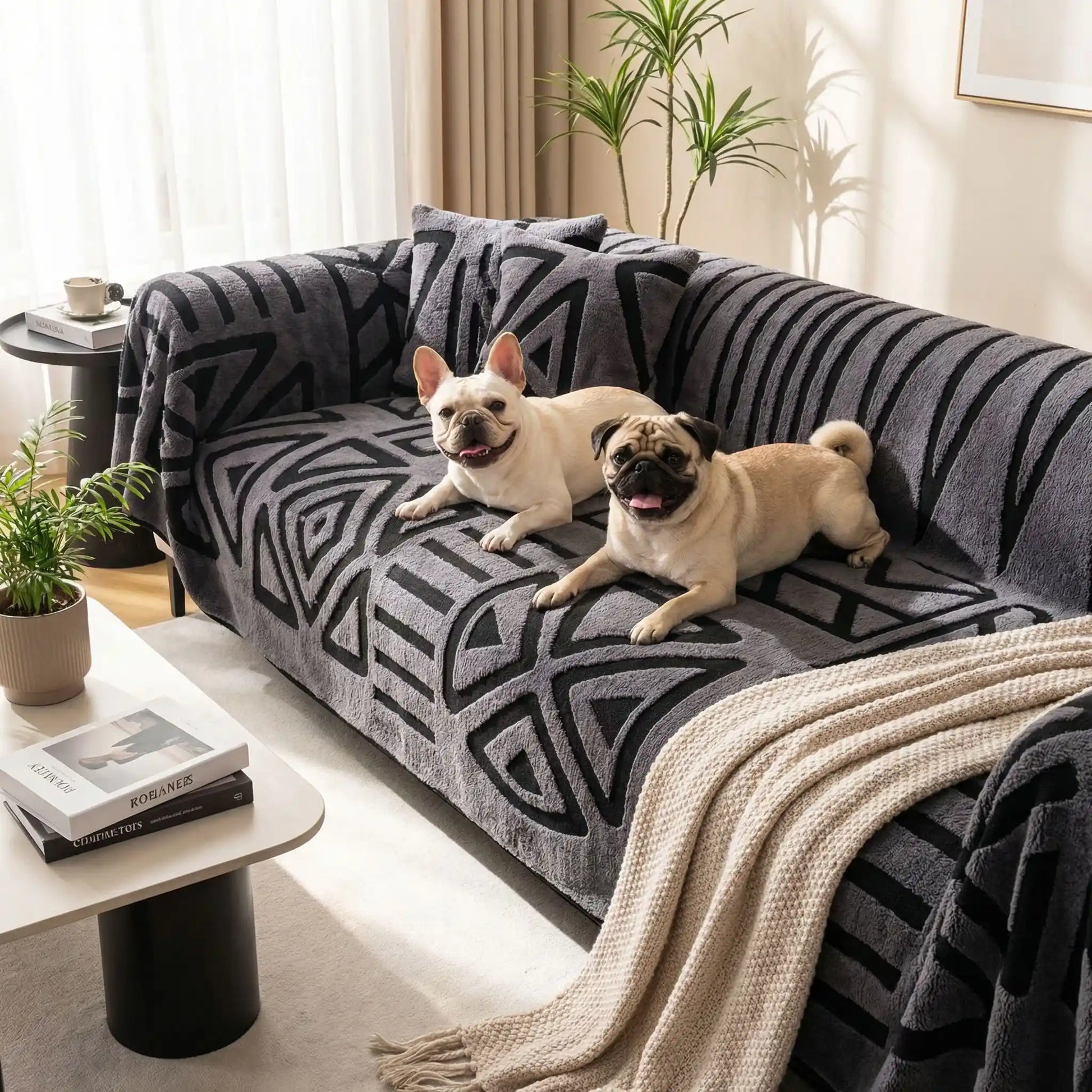 Protection-canape-chien-chiot-plaid chaud et épais, antidérapant et coutures solides, lavable en machine à laver avec design déométrique moderne pour couvrir egt protéger le canapé, lit ou mobilier des poils et tâches des chiens, écoresponsable et résistantes aux griffes-deux petits chiens couchés sur la protection canapé de couleur gris clair et noir sur le canapé du salon de la maison