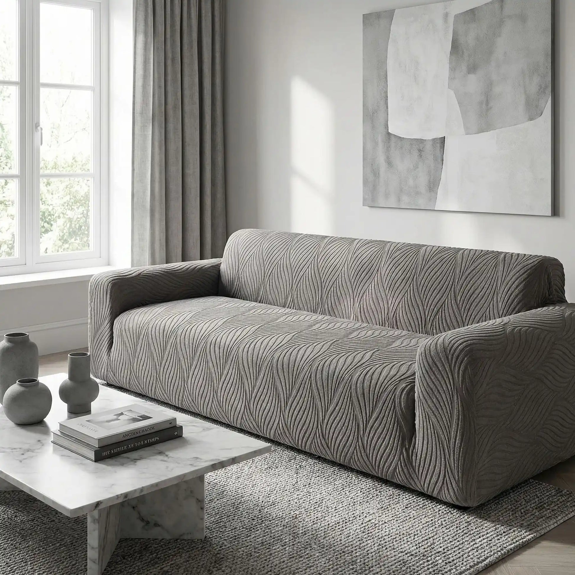 Protection-canape-antiderapant-4-saisons, extensible, lavabkle en machine avec relief doux et sécurisant , tissu anti poils et résistant aux griffes, idéal pour les propriétaire de chiens, 4 tailles disponible du fauteuil 1 places au XL pour canapé 4 places-gros plan sur la protection de canapé gris qui protège le canapé 4 places de la salle d'attente du cabinet
