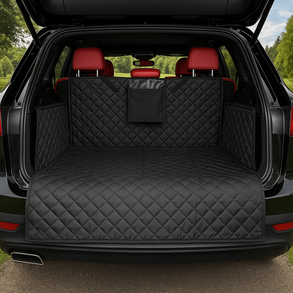 Protection-coffre-voiture-chien-avec-sangle et clips et pochette de rangement, installation rapide, pliable 100% imperméable résistant aux griffes et morsures, solide et durable, lavabvle, tissu oxford, rembourrage 100% coton haute densité, protection totale des sièges, deux côtés latéraux  avec attache appui tete, antidérapant et confortable pour tous les chiens, taille universelle adaptable à tout type de véhicules-de couleur noir, matelassé et chic