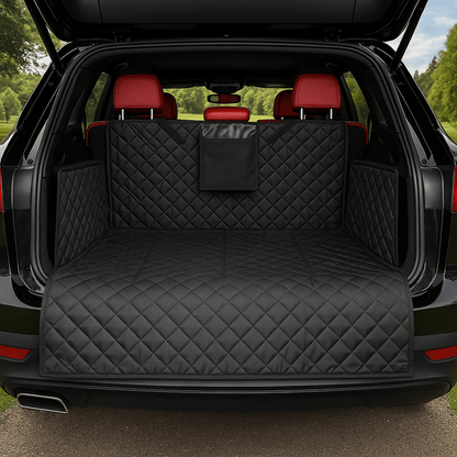 Protection-coffre-voiture-chien-avec-sangle et clips et pochette de rangement, installation rapide, pliable 100% imperméable résistant aux griffes et morsures, solide et durable, lavabvle, tissu oxford, rembourrage 100% coton haute densité, protection totale des sièges, deux côtés latéraux  avec attache appui tete, antidérapant et confortable pour tous les chiens, taille universelle adaptable à tout type de véhicules-de couleur noir, matelassé et chic