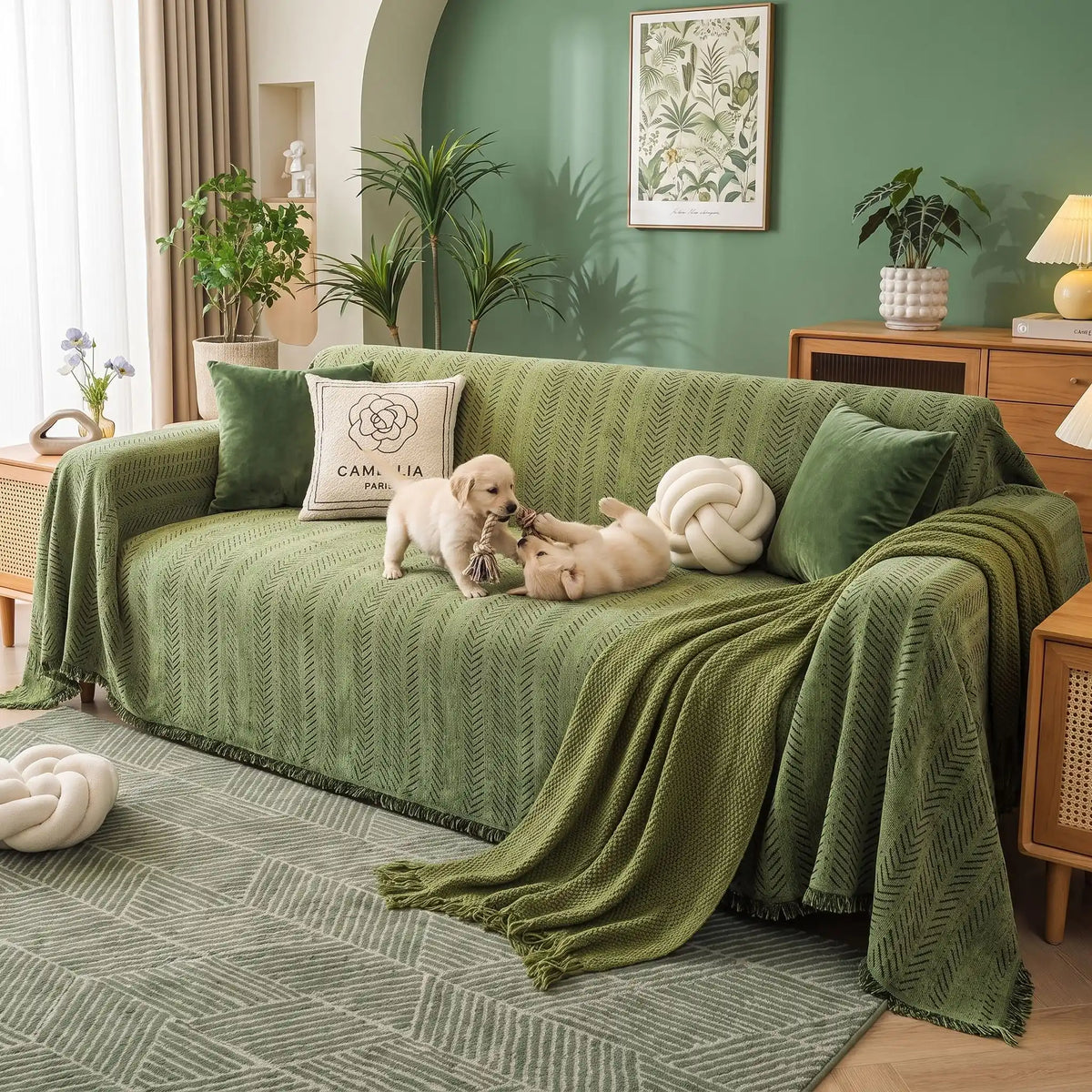 Protège-canapé-chien-vert-olive-anti-poils-résistante aux griffes, tissage chenille coton et polyester, écoresponsable avec franges pour un style bohème chic de couleur vert olive, dispoinble en 4 tailles pour fauteuil/canapé une place, deux places, 3 places et 4 places, lavable en machine, doux respirant confortable et 4 saisons-gros plan sur le plaid de protection pour le canapé 4 places design moderne et soigné avec deux chiots qui jouent ensemble confortablement dessus dans le salon de la maison
