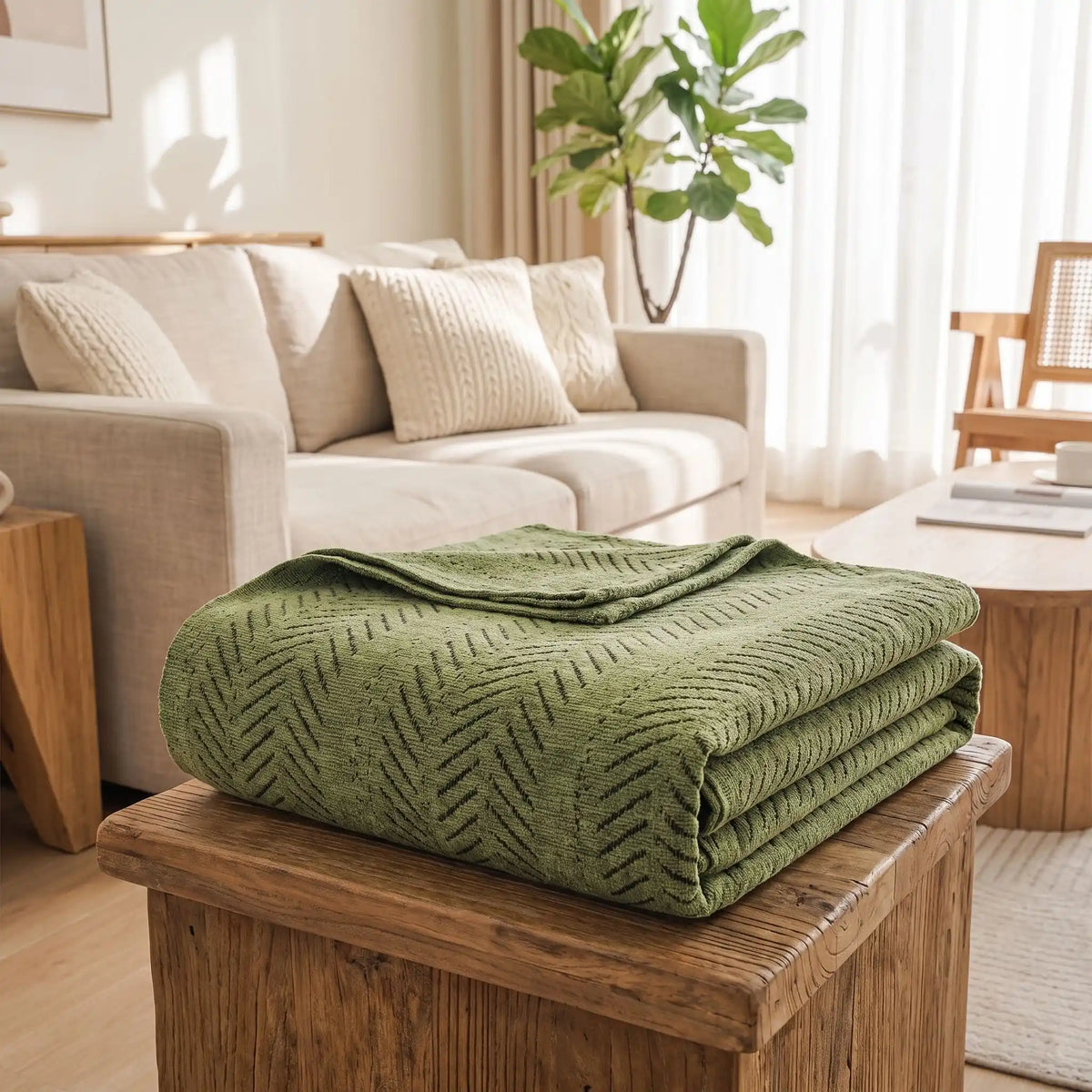 Protège-canapé-chien-anti-poils-résistante aux griffes, tissage chenille coton et polyester tissé résistant, écoresponsable avec franges pour un style bohème chic de couleur vert olive, disponible en 4 tailles pour fauteuil/canapé une place, deux places, 3 places et 4 places, lavable en machine, doux respirant confortable et 4 saisons-gros plan sur le plaid de protection plié disponible en 4 tailles pour s'adapter à tous mobilier, léger, transportable, idéal pour les déplacement et protéger les sièges 