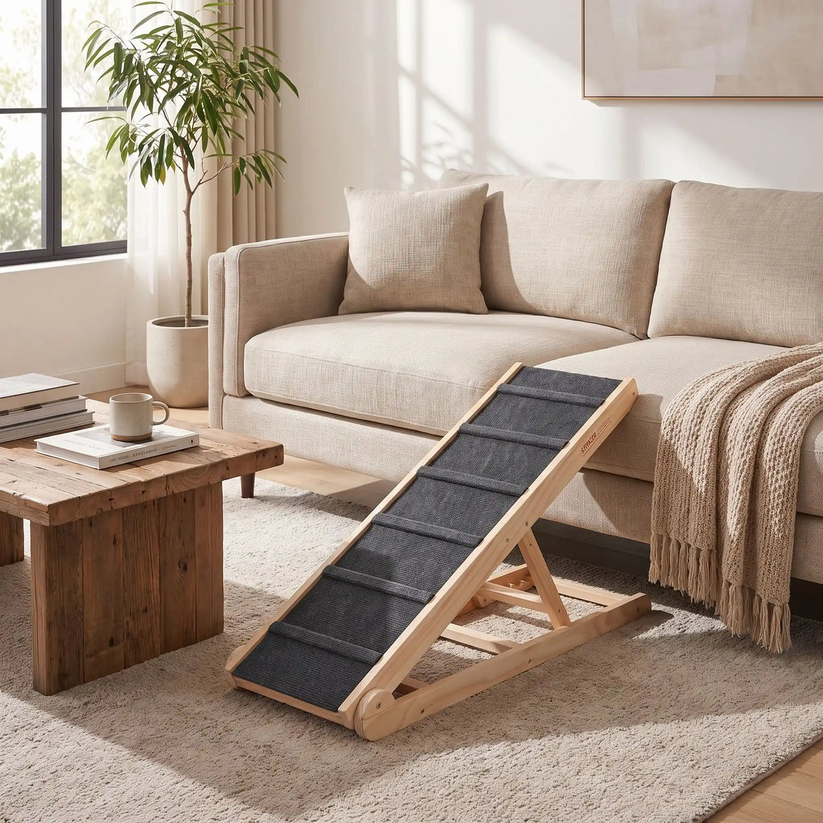 Rampe-pour-chien-chiots escalier pliable, en bois massif robuste de pin et surface adaptable en moquette douce et petites marches tranversales antidérapante pour un accès sécurisé et facile canapé, lit ou en transport en déplacement, en voiture pour la montée et la descente du chien en toute autonomie et sécurité, 6 hauteurs réglables pour toutes races-gros plan sur la rampe en bois avec 6 hauteurs réglables, structure en bois en équerre sable contre le canapé du salon de la maison