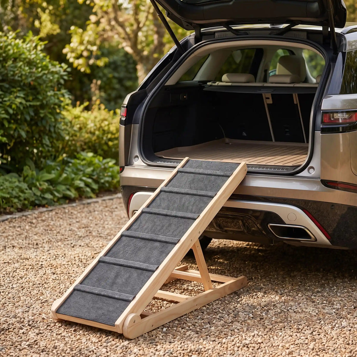Rampe-pour-chien-chiots escalier pliable, en bois massif robuste de pin et surface adaptable en moquette douce et petites marches tranversales antidérapante pour un accès sécurisé et facile canapé, lit ou en transport en déplacement, en voiture pour la montée et la descente du chien en toute autonomie et sécurité, 6 hauteurs réglables pour toutes races-gros plan sur la rampe en bois avec 6 hauteurs réglables de 35 à 65 cm de haut , structure en bois en équerre sable contre le coffre de la voiture 