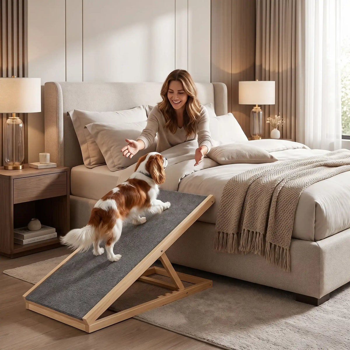 Rampes-pour-chien-chiot pliable, en bois massif robuste de pin et surface adaptable en moquette douce et antidérapante pour un accès sécurisé et facile au meubles, canapé, lit de la maison ou en transport en déplacement, en voiture pour la montée et la descente du chien en toute autonomie et sécurité-un chien moyen qui monte confortablement sur la rampe inclinée de 100 cm avec 4 hauteurs réglables pour rejoindre sa maitresse sur le lit, idéal pour les races aux articulations fragiles, âgés