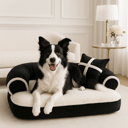 Sofa-chien-chiot-lavable-un border collie couché confortablement et tout heureux sur son canapé moelleux épais chaud et anti anxiété dans le salon de l'appartement