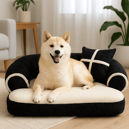 Sofa-chien-moyen-un Hokkaïdo Ken couché confortablement sur son canapé lit doux au rembourrage 100% coton haute densité antidérapant style anglais graphique avec coussin et rebord surélevé noir et blanc dans le salon de la maison 