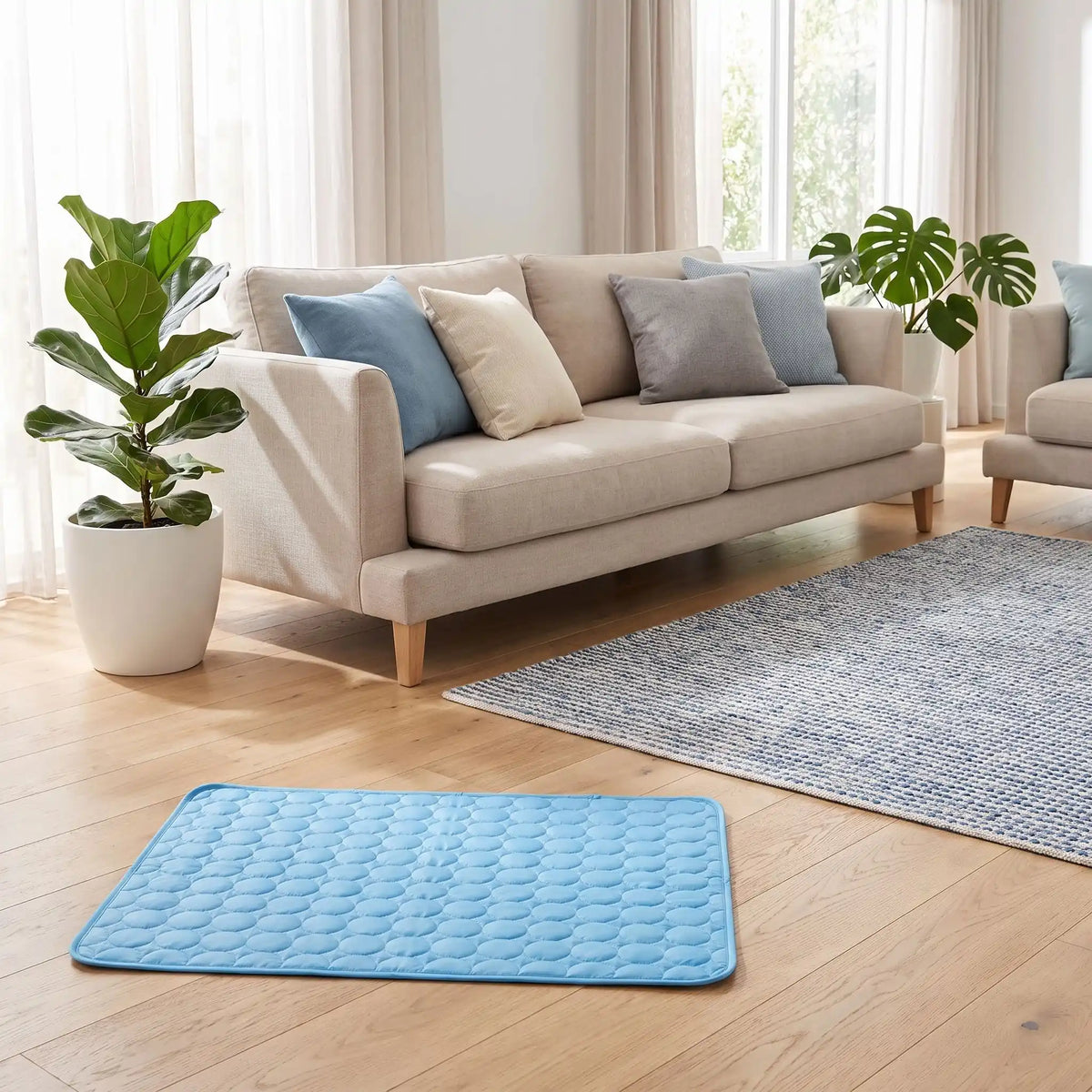 Tapis-rafraichissant-pour-chien-chiot-fresh, sans électricité, sans gel, rafraichissement immédiat au contact, sans danger en soie glacée et coton, léger, lavable en machine, réutilisable en 3 tailles M/L/XL de 70/100/150 cm de longueur pour chiot et chien de petite, moyenne et grande taille et en 3 couleurs : rose, bleu et marron-gros plan sur le tapis rafraichissant pour chiot et chien de couleur bleu de taille M sur le sol du salon de l'appartement en été