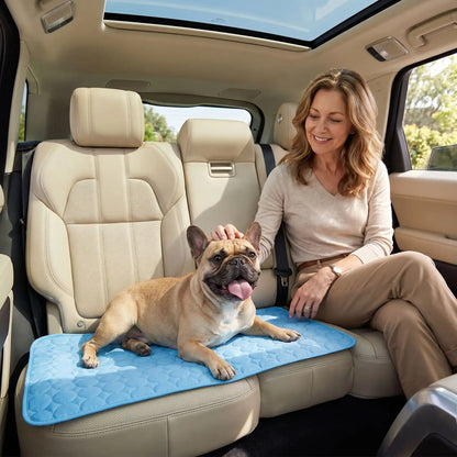 Tapis-rafraichissant-pour-chien-chiot-fresh, sans électricité, sans gel, rafraichissement immédiat au contact, sans danger en soie glacée et coton, léger, lavable en machine, réutilisable en 3 tailles M/L/XL de 70/100/150 cm de longueur pour chiot et chien de petite, moyenne et grande taille et en 3 couleurs : rose, bleu et marron-un chien de race moyenne qui se rafaichit instantanément sur le tapis rafraichissant de couleur bleu sur les sièges arrières de la voiture à coté de sa maitresse qui le caresse 