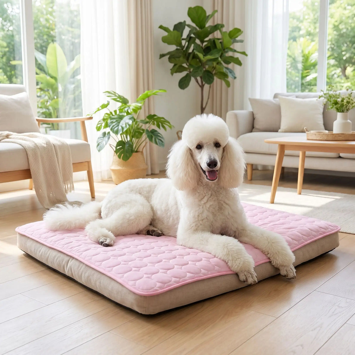 Tapis-rafraichissant-pour-chien-chiot-fresh, sans électricité, sans gel, rafraichissement immédiat au contact, sans danger en soie glacée et coton, léger, lavable en machine, réutilisable en 3 tailles M/L/XL de 70/100/150 cm de longueur pour chiot et chien de petite, moyenne et grande taille et en 3 couleurs : rose, bleu et marron-un chien de grande taille à poils frisés, drus et épais qui se rafaichit instantanément sur le tapis rafraichissant de couleur rose sur son matelas dans le salon de la maison 