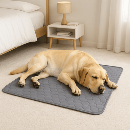                Tapis-absorbant-chien-alèse-chiot-100% imperméable-coton absorbant plus de 10 fois son poids-ultra-résistant-un labrador retriever qui dort paisiblement sur son tapis absorbant le sol sec du salon de l'appartement                                                  