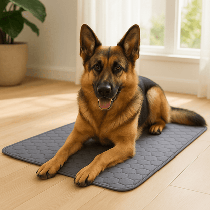 Tapis-absorbant-chien-alèse-chiot-100% imperméable-coton absorbant plus de 10 fois son poids-ultra-résistant-un grand chien couché sur son grand tapis absorbant gris sur son panier en osier au sec du salon de l'appartement
