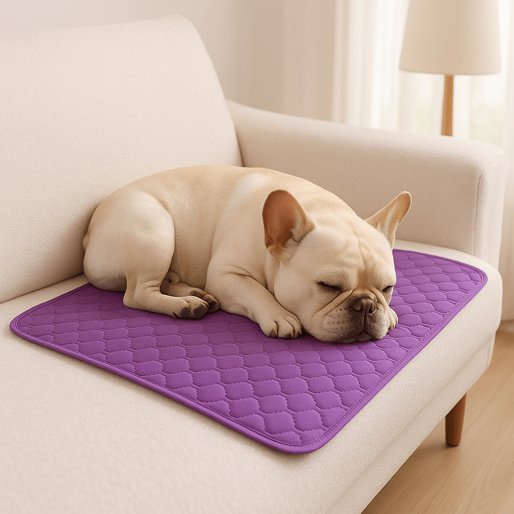 Tapis-absorbant-chien-alèse-chiot-100% imperméable-coton absorbant plus de 10 fois son poids-ultra-résistant-un chien moyen qui dort paisiblement sur son tapis absorbant posé sur le canapé blanc au sec du salon de la maison
