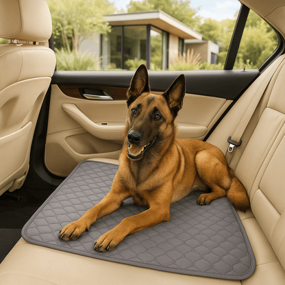 Tapis-absorbant-chien-alèse-chiot-100% imperméable-coton absorbant plus de 10 fois son poids-ultra-résistant-un Berger Allemand couché sur son tapis absorbant sur les sièges arrières de la voiture