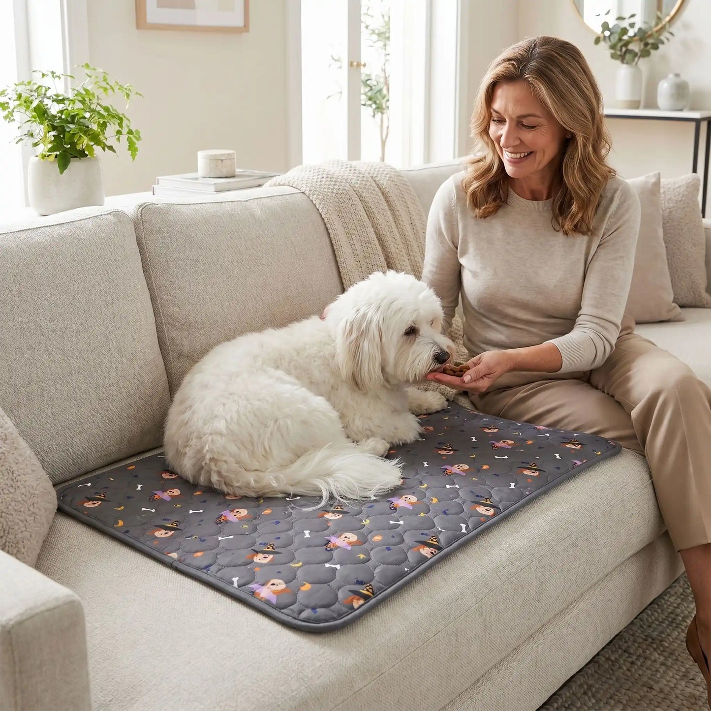 Tapis absorbant pour chien-chiot-motif design chien, surface matelassée douce et hypoallergénique, rembourré en coton haute densité ultra-absorbant, 4 couches avec TPU 100% imperméable et résistant aux griffes, antidérapant, lavable en machine à 30° de couleur gris en 4 taille M, L, XL et XXL pour chiot et chien de petite à très grande taille-un petit chien couché confortablement sur son tapis gris M qui protège les sièges du canapé , à côté de sa maitresse qui lui donne des friandises à manger 