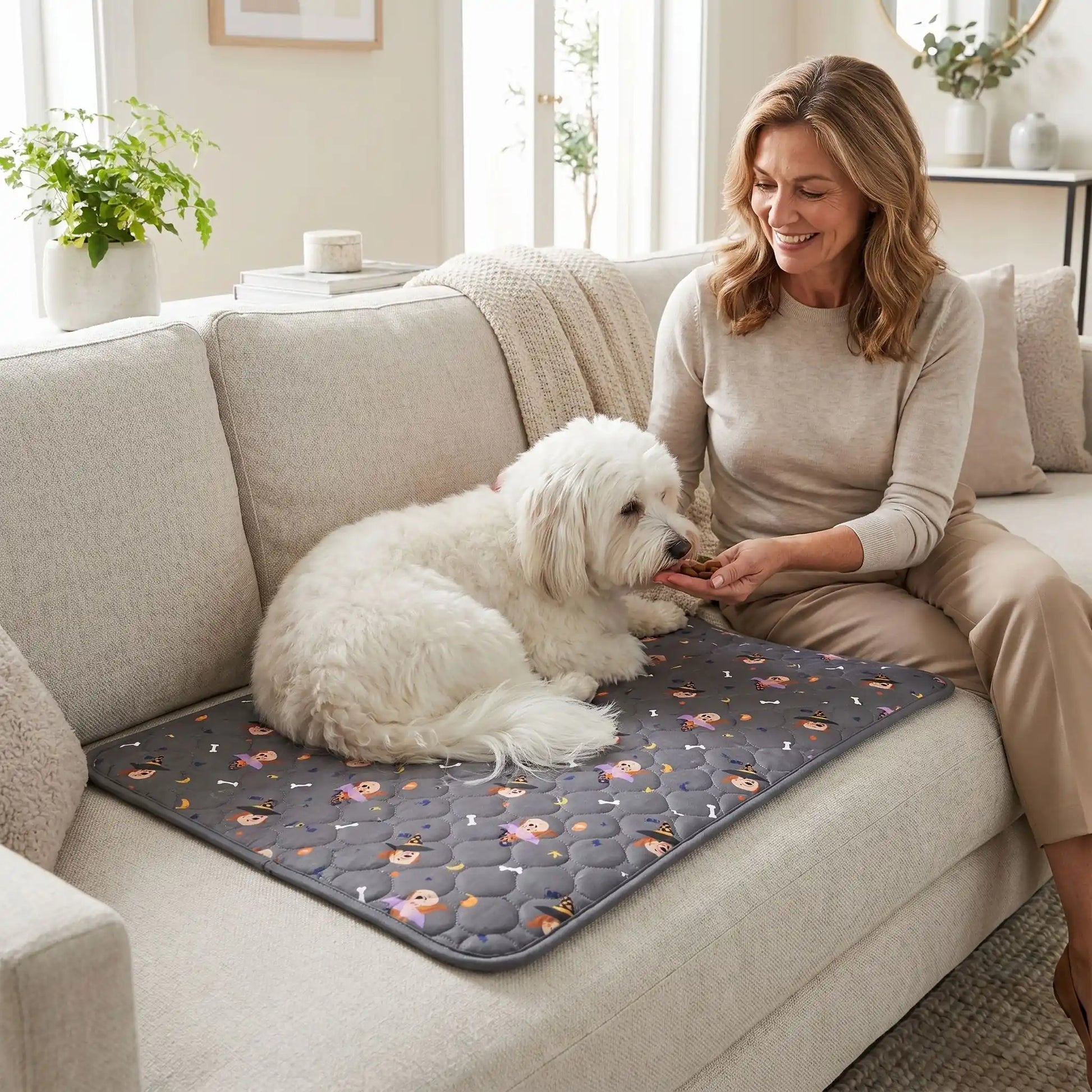Tapis absorbant pour chien-chiot-motif design chien, surface matelassée douce et hypoallergénique, rembourré en coton haute densité ultra-absorbant, 4 couches avec TPU 100% imperméable et résistant aux griffes, antidérapant, lavable en machine à 30° de couleur gris en 4 taille M, L, XL et XXL pour chiot et chien de petite à très grande taille-un petit chien couché confortablement sur son tapis gris M qui protège les sièges du canapé , à côté de sa maitresse qui lui donne des friandises à manger 